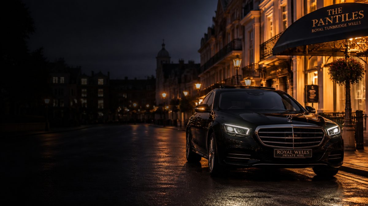 Go Taxi private hire car by The Pantiles in Royal Tunbridge Wells at dusk